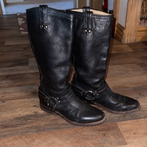 Frye Shoes - FRYE BLACK LEATHER HARNESS BOOTS